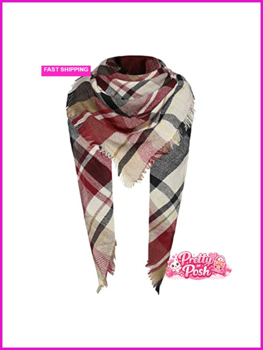 Women's Plaid Triangle Knit Wrap Shawl Winter Scarf with Tassels
